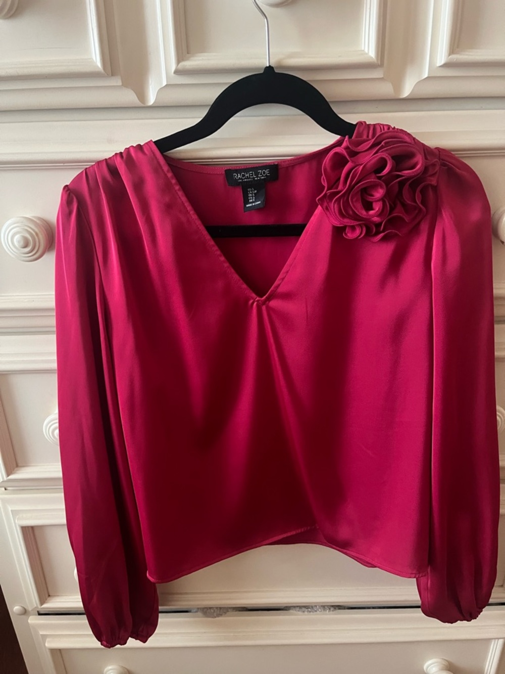 Rachel Zoe Satin V-Neck Blouse with Rosette in Red